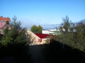 The Bridgewater Jerry moving down the Derwent River with Mount Wellington in the background. Taken from the eastern shore 17 August 2014