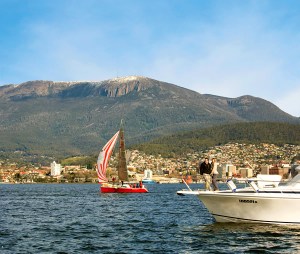 A wind ruffled Derwent River shows off the the pleasures of the water. being overlooked by snowcapped Mount Wellington